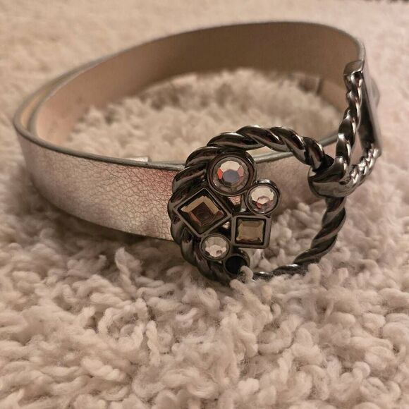 Chico's Silver Leather Belt Rhinestone Buckle M/L - Picture 1 of 10